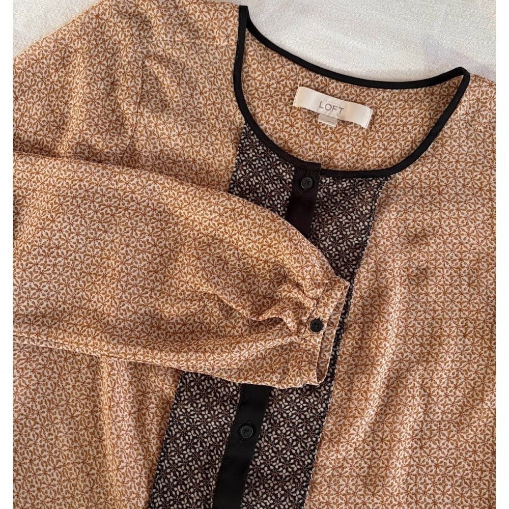 LOFT Women's Brown Geometric‎ Print Long Sleeve Blouse Small Feminine Soft Sheer
